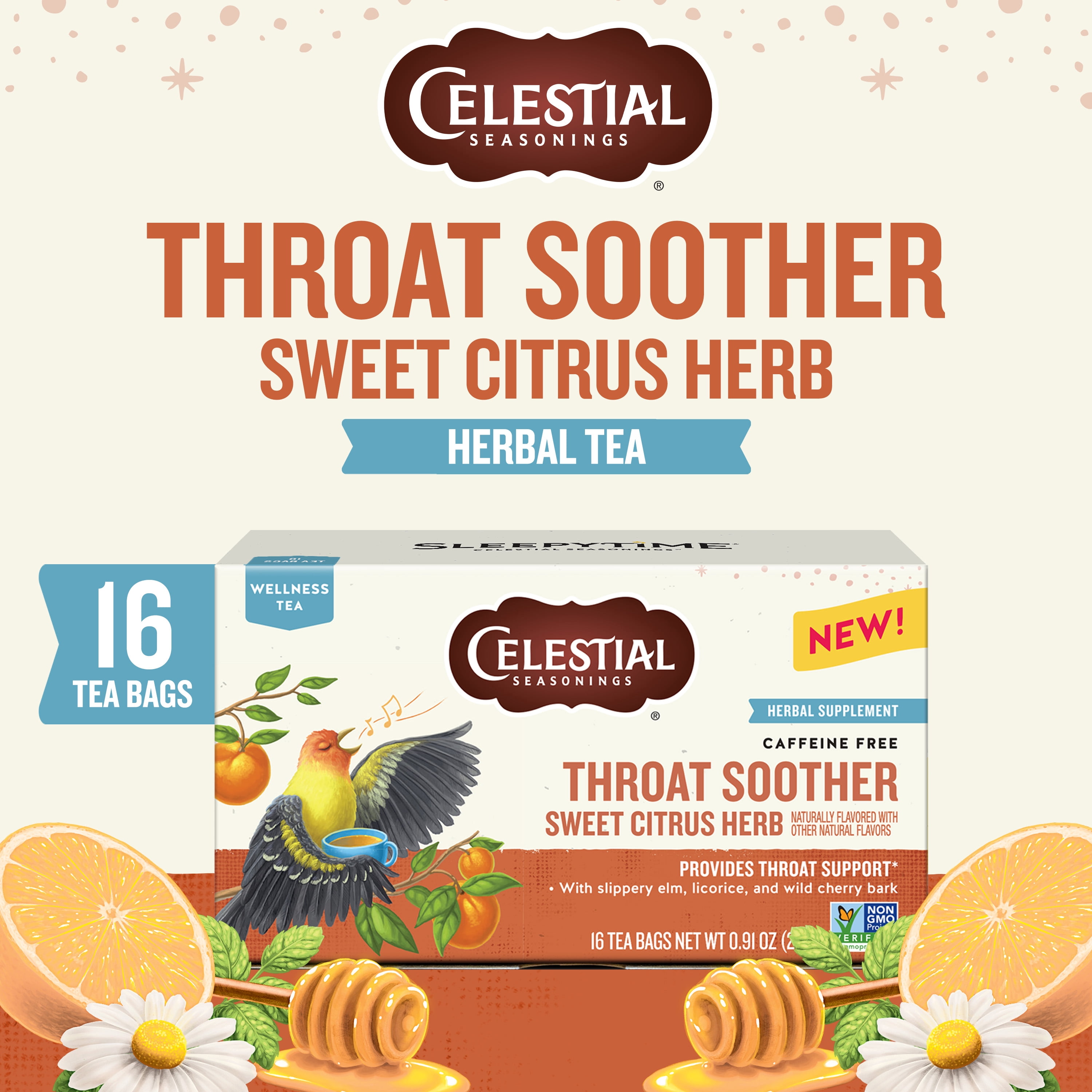 Celestial Seasonings Throat Soother Wellness Herbal Tea Bags, 16 Count