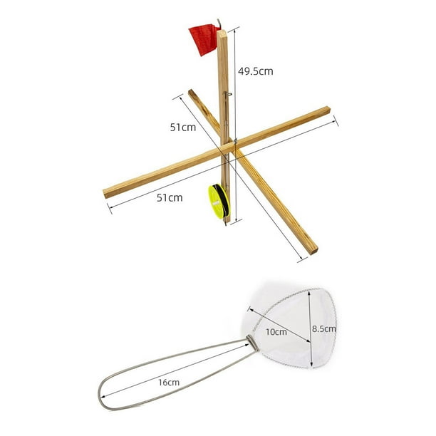 Ice Fishing Rod Tip Up And Spoon Net, Folding Wooden Fishing