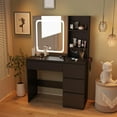 thumbnail image 3 of VEANERWOOD 37” W Makeup Vanity Desk with Sliding Mirror and Lights, Modern Makeup Table with Glass Door Cabinet, Charging Station and 4 Drawers for Bedroom, 3 of 8