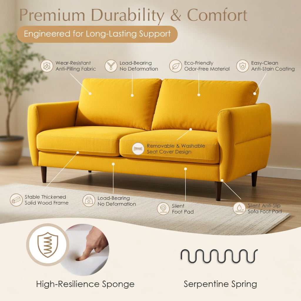 Hommoo 72" Modern Fabric Loveseat Sofa, Solid Wood Frame, High-Density Sponge Cushions, Stain-Resistant Upholstery – Living Room & Bedroom Sofa, Yellow