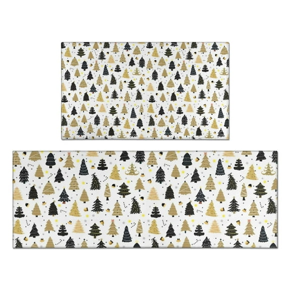 Gold Christmas Tree Pattern Kitchen Rugs Sets Of 2,Anti Fatigue Kitchen Mat Rugs Non Slip Washable,Decorative Kitchen Floor Mats for Kitchen,Sink,Laundry,17"x30" 17"x47"