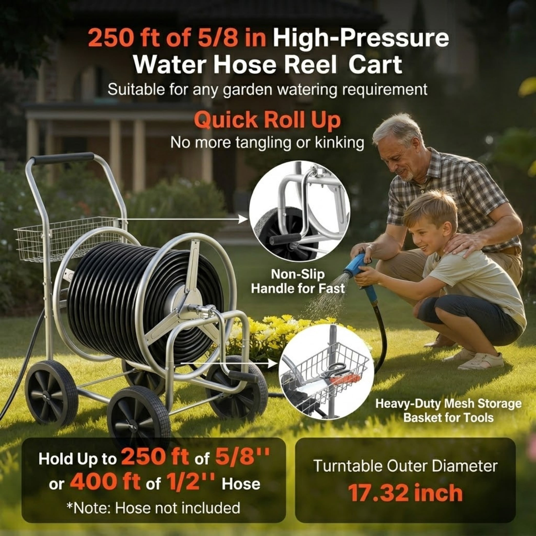 250 ft Garden Hose Reel Cart, Heavy Duty Steel Mobile Water Hose Cart with 4 Wheels & Storage Basket