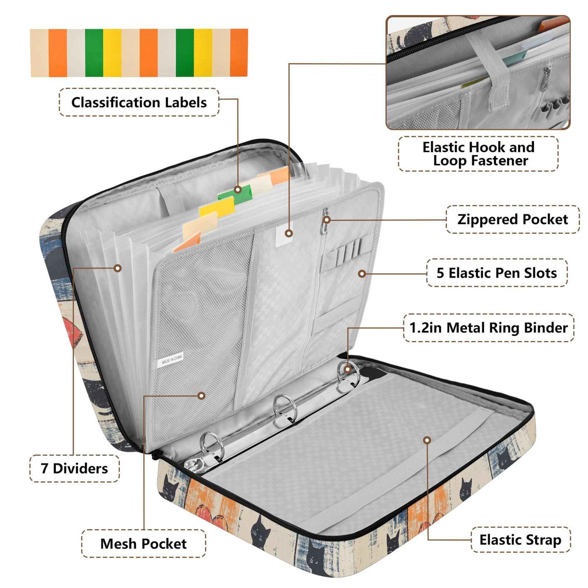 FORMRS Accordion File Folder A4 Size 7-Pocket Expanding Document Organizer Bag with 3 Ring Binder, Cats and Hearts