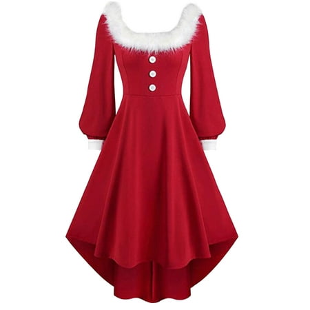 Womens Vintage Dress Christmas Square Neck Button Long Sleeve High Low ...