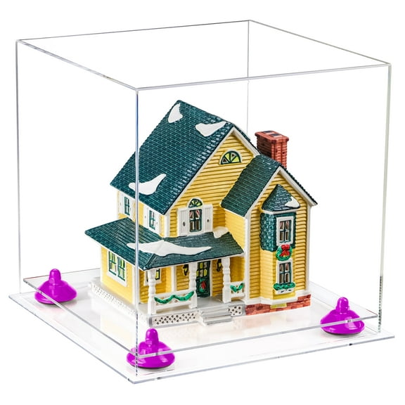 Versatile Deluxe Clear Acrylic Display Case - Medium Square Box with Purple Risers and Clear Base 11" x 11" x 11" (A001-PR)