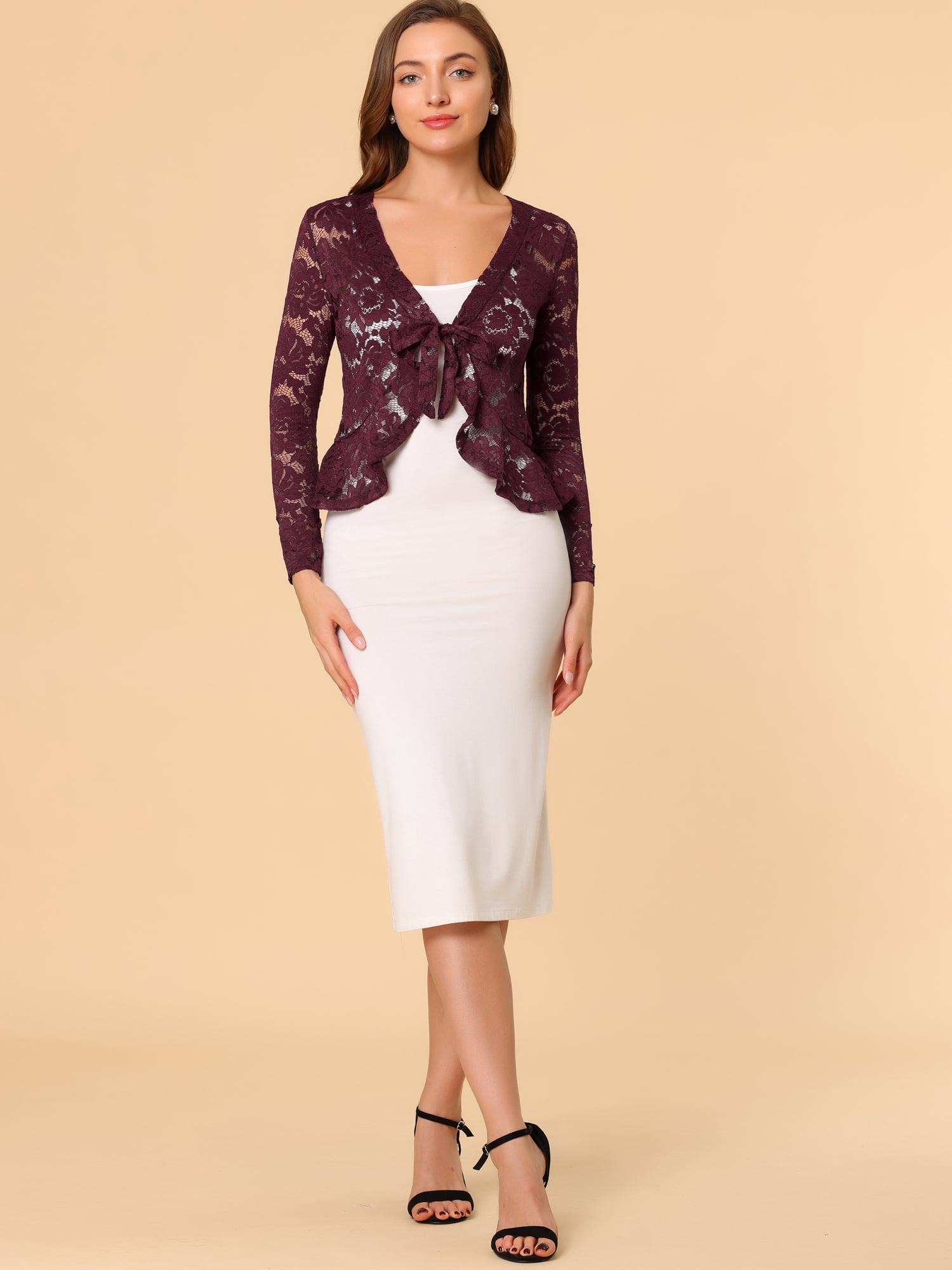 DARING DIVA Women's Ruffled Hem Floral Lace Crop Shrug Cardigan 3X-Large Burgundy