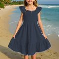 thumbnail image 2 of Robe Fille Été Unie Smockée Sans Manches Robe d'Été pour Enfants Filles Décontractée Plage Vacances Robes Robe Fille Marine 5 Ans-6 Ans, 2 of 7