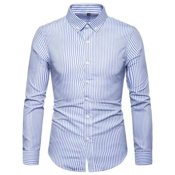 Gephdiin Long Sleeve Shirts for Men Shirts for Men Men's Striped Casual Long Sleeved Single Breasted Turn Down Collar Shirt Top Mens Shirts Striped Shirt Men Polyester Light Blue 4Xl