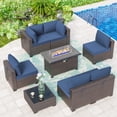 thumbnail image 6 of ALAULM 8 Pieces Outdoor Patio Furniture Set with Propane Fire Pit Table Outdoor Sectional Sofa Sets Patio Furniture 43" Gas Fire Pit Brown PE Rattan Patio Conversation Set w/6 Cushions, Navy Blue, 6 of 9
