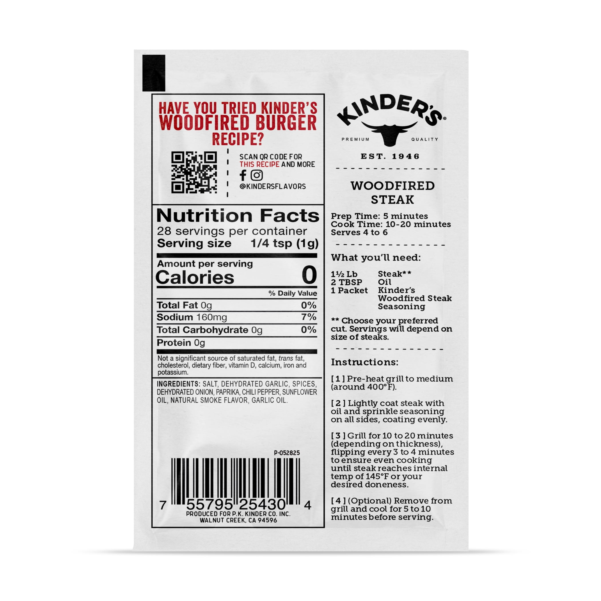 (6 pack) Kinder's Woodfired Steak Seasoning Blend with Smoky Garlic and Cracked Pepper, 1 oz Packet