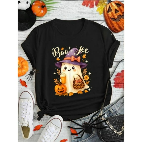 Halloween Comfortable Boo Jee Ghost Graphic Tee T Shirt Tops Short Sleeve Round Neck Black S-5XL