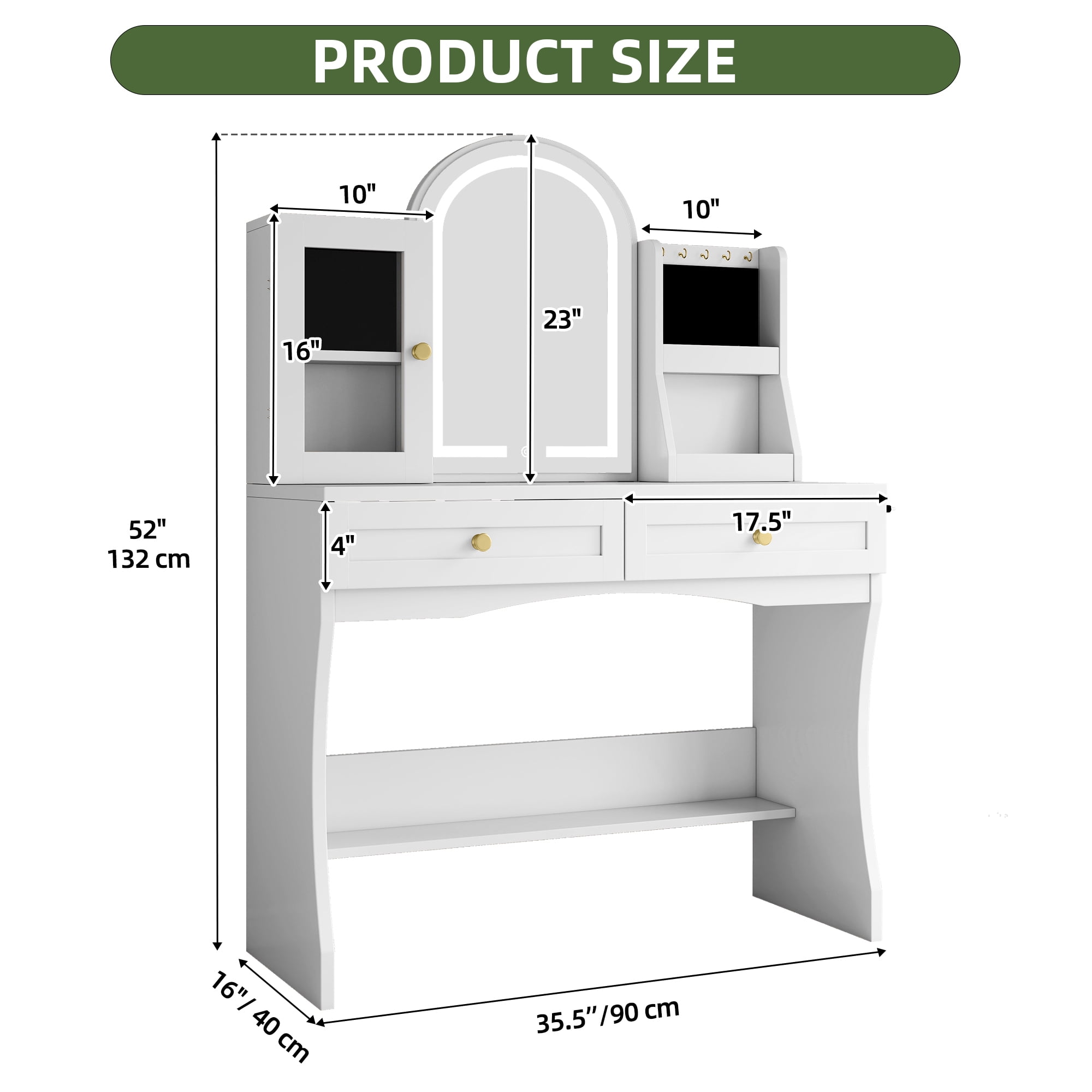 Uforic Makeup Vanity Desk with LED Mirror & Light, 2 Drawers, Jewelry Shelves, White