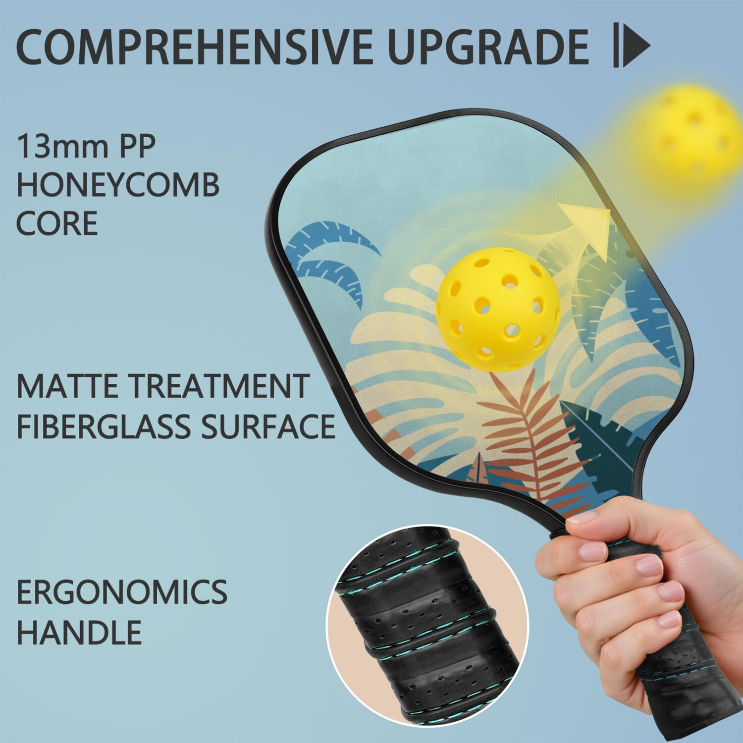 Pickleball Paddles Set Of 2, Fiberglass Surface, Tropical Jungle Print, 4 Balls & Bag