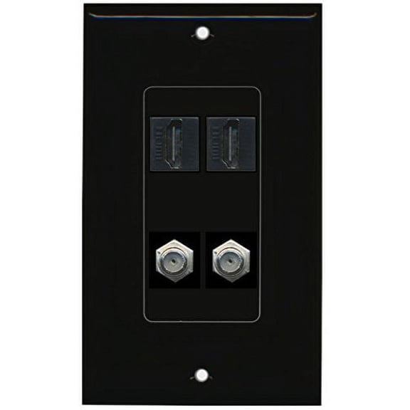 RiteAV - 2 Port HDMI 2 Port Coax Cable TV- F-Type Decorative Wall Plate - Black