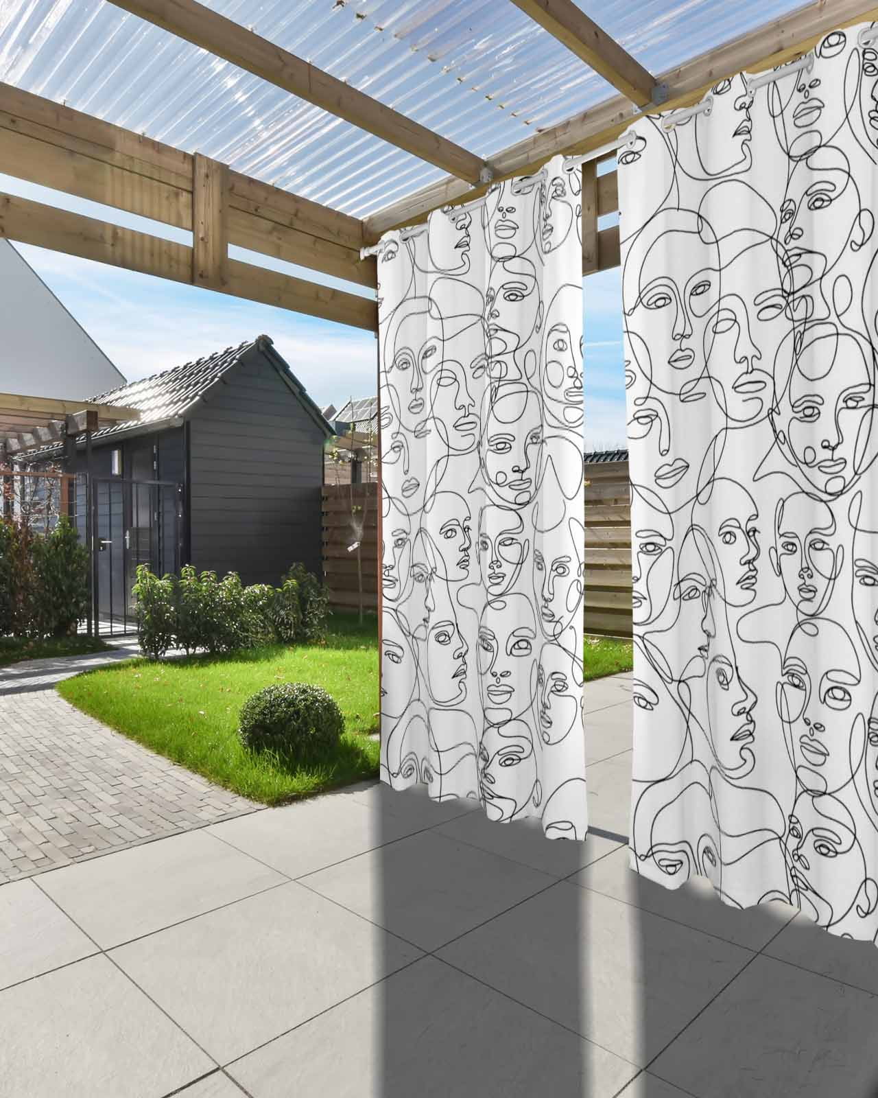 Abstract Style Outdoor Curtains for Patio, Face Line Modern Character Art White Privacy Drapes Grommet Waterproof Outside Curtains for Porch/Cabana/Balcony 54"x 108", 1 Panel
