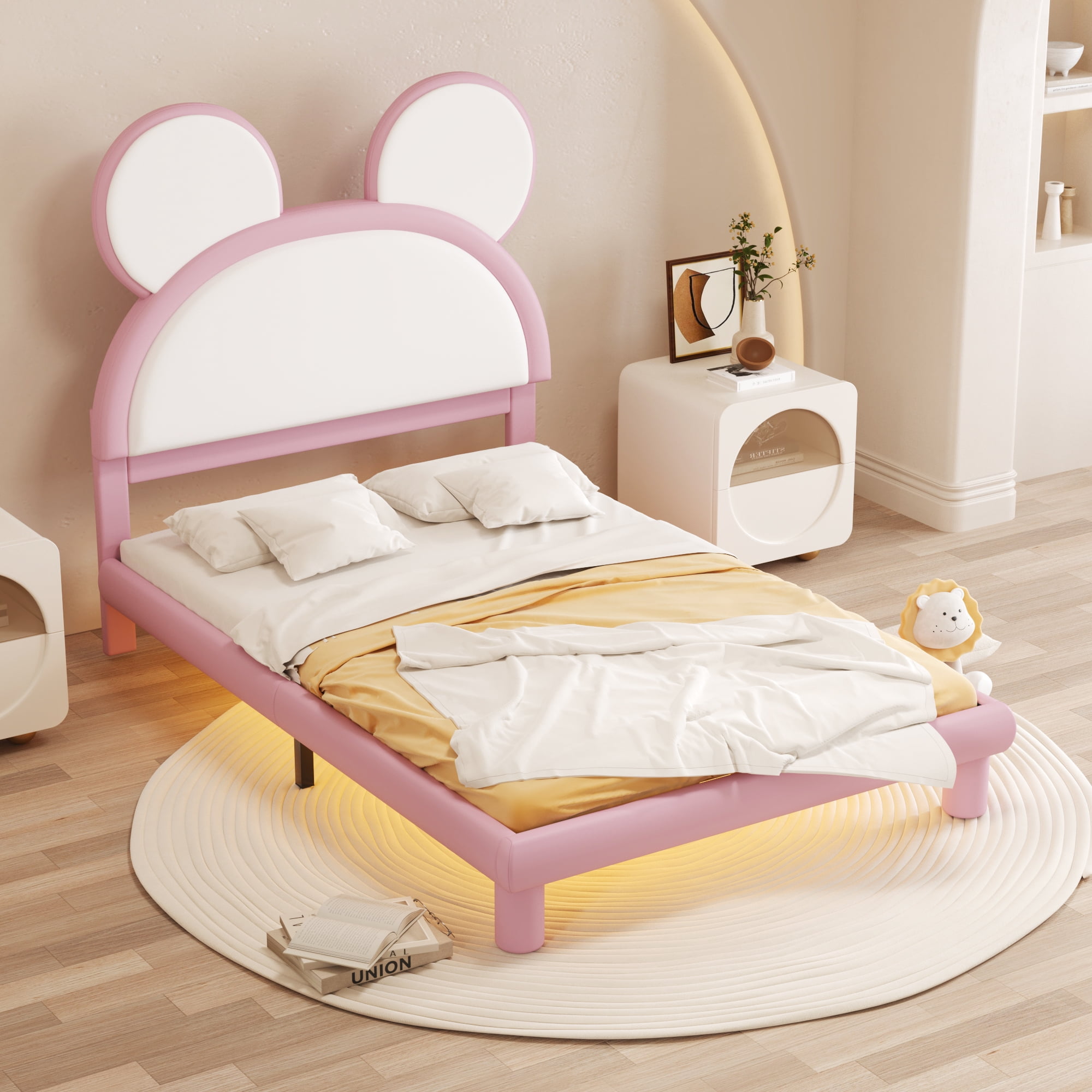 EUROCO Upholstered Full Size Platform Bed with LED Light, PU Leather Cartoon Bed for Kids Teens, Pink