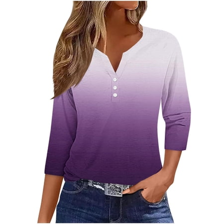 3/4 Sleeve Tops for Women 2026 Henley Neck Shirts Gradient Casual T-shirts Dressy Casual Loose Fit Tunic Blouses