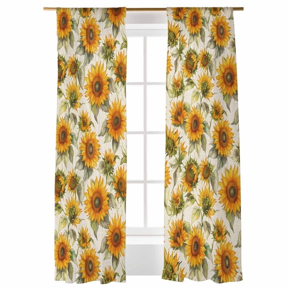 Sheer Curtains 96 inches Long, Vintage Sunflower Watercolor Flowers Linen Texture Light Filtering Sheer Window Curtains Rod Pocket Voile Drapes for Bedroom Living Room, 52"W x 96"L 2 Panels