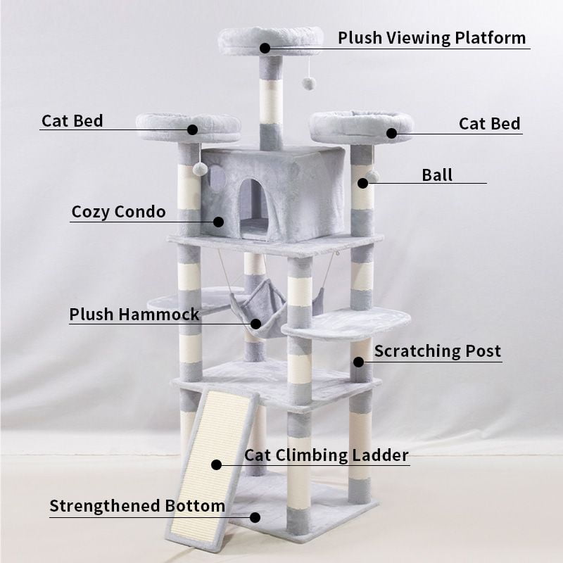 Cat Tree 67 Inch Multi-Level Large Tall Cat Tower with 3 Plush Top Perches,4 Sisal Scratching Post Cat Condo Play House Kitty Activity Center