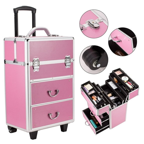 4 Tier Lockable Rolling Cosmetic Makeup Train Cases, Pink Wheels Rolling Cosmetic Case for Women, Cosmetic Organizer Makeup Case with Extendable Trays, WRWQ852