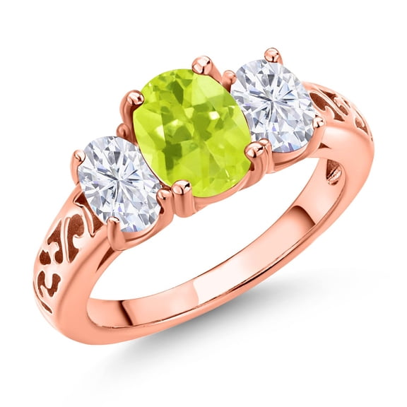 Gem Stone King 18K Rose Gold Plated Silver Yellow Lemon Quartz and White Moissanite Filigree Style 3 Stone Ring for Women (2.10 Cttw, Oval 8X6MM and 6X4MM) (Size 6)