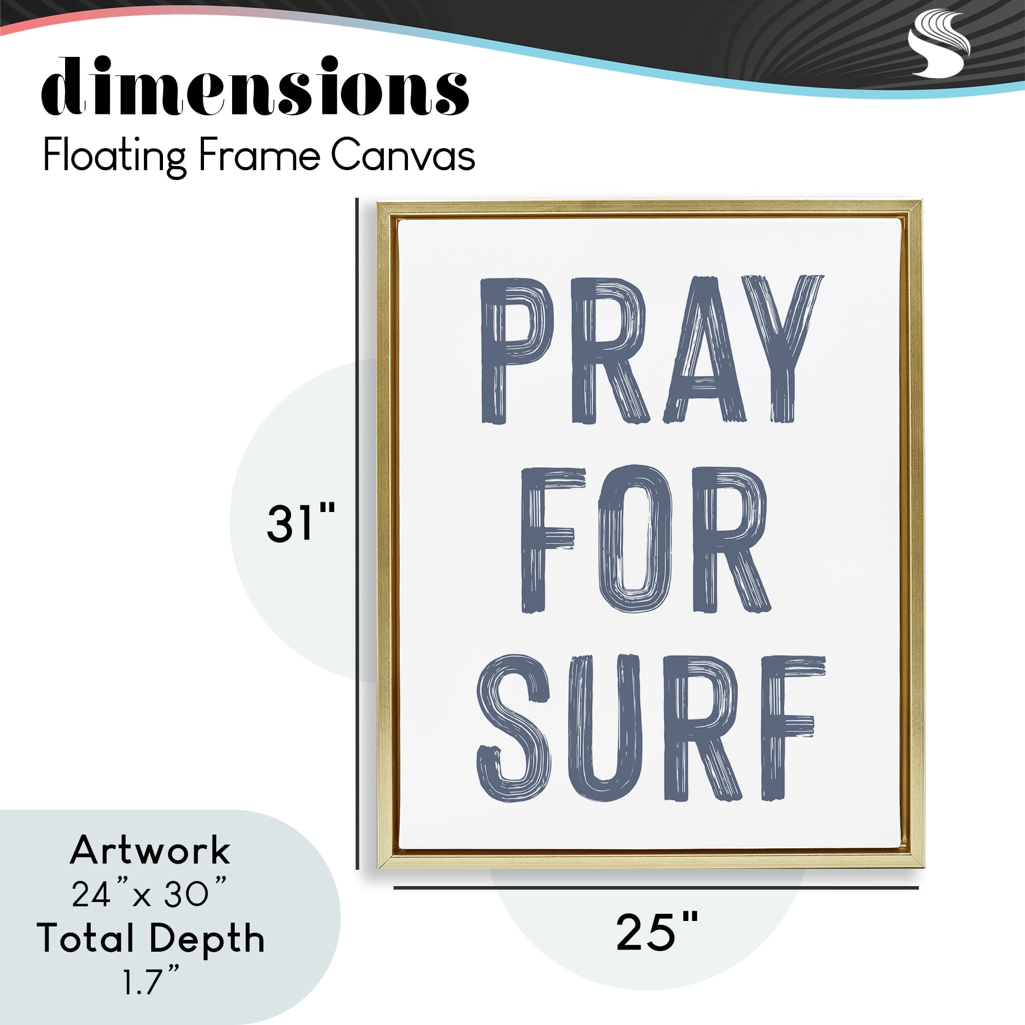 Summer Sentiment Pray For Surf Gold Framed Floater Canvas Wall Art, design by Lettered and Lined