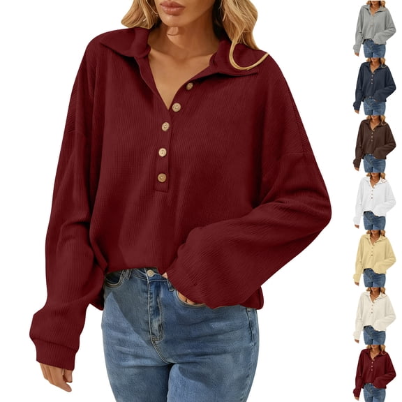 FRSASU Women's Long Sleeve Lapel Half Button Down Sweatshirt Solid Stylish Loose Fit Casual Pullover Tops Yellow