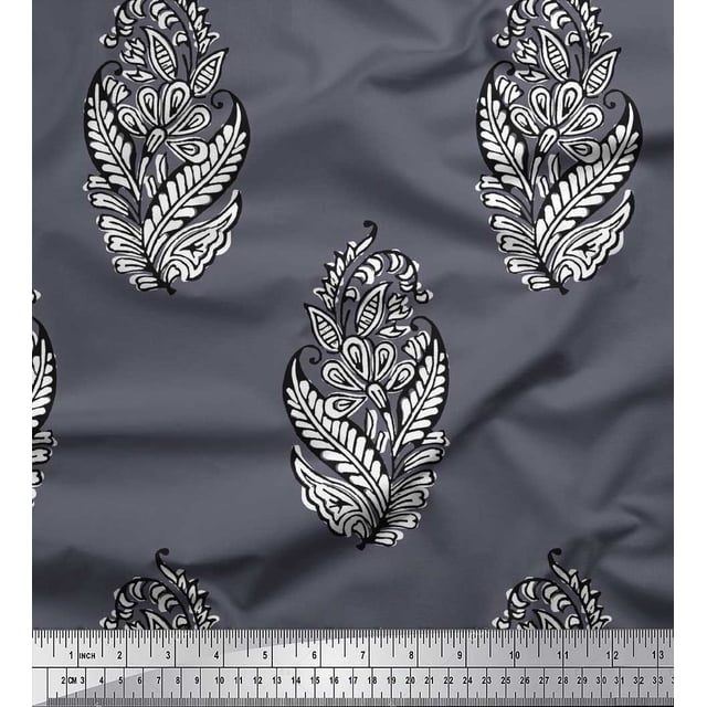 Soimoi Poly Georgette Fabric Leaves & Floral Block Print Sewing Fabric Yard 52 Inch Wide