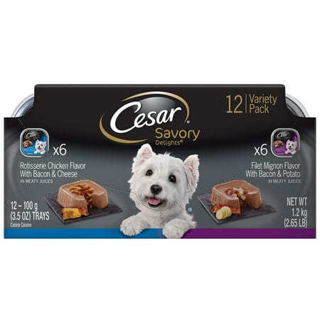 CESAR SAVORY DELIGHTS Wet Dog Food Rotisserie Chicken & Filet Mignon Variety Pack, (12) 3.5 oz. Trays
