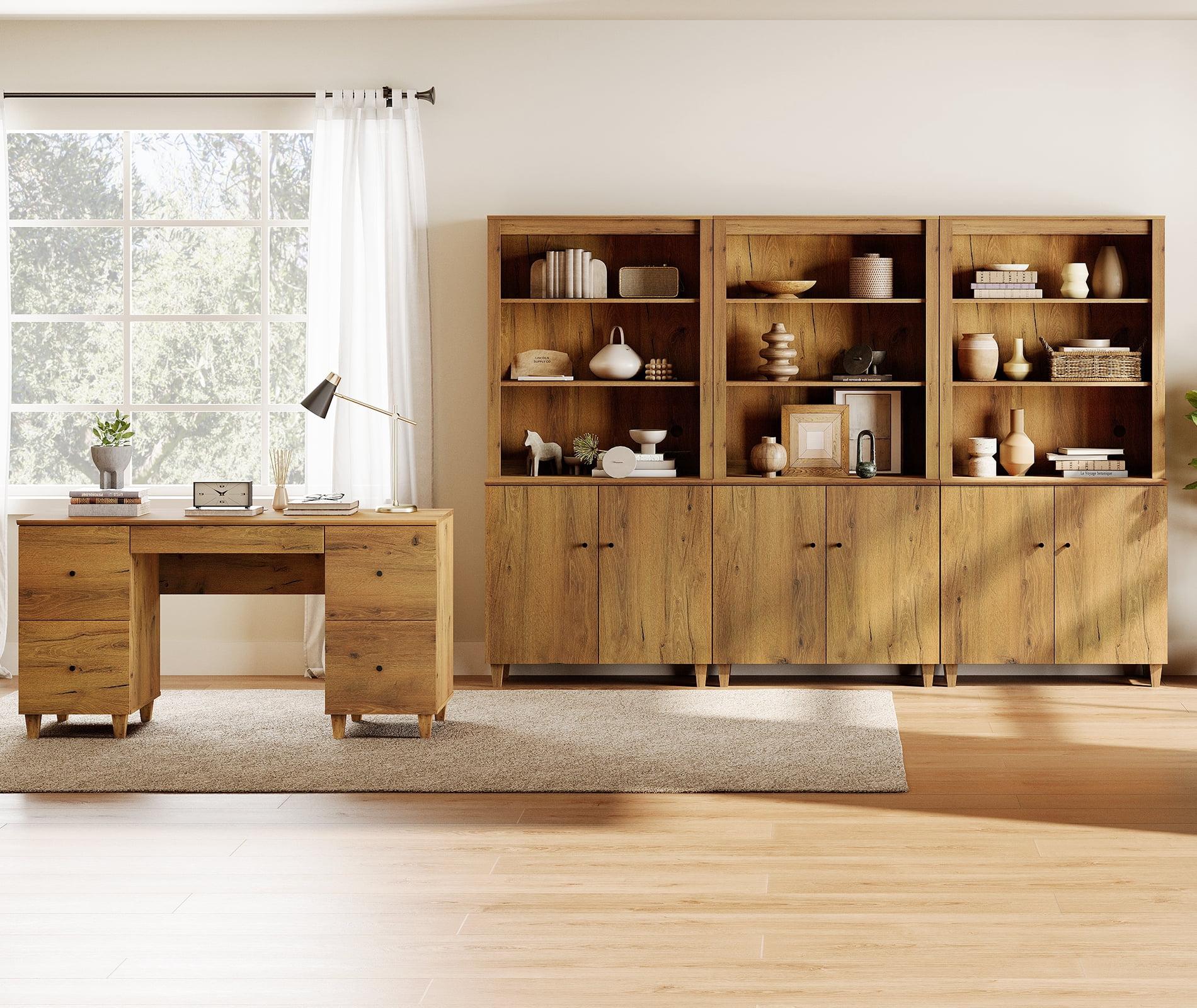 WAMPAT Home Office Furniture Set, 58" Executive Desk with Charging Station and Drawers,3-Column 71" Tall Bookcase with Doors and Adjustable Shelves for Living Room,Dark Brown Wood
