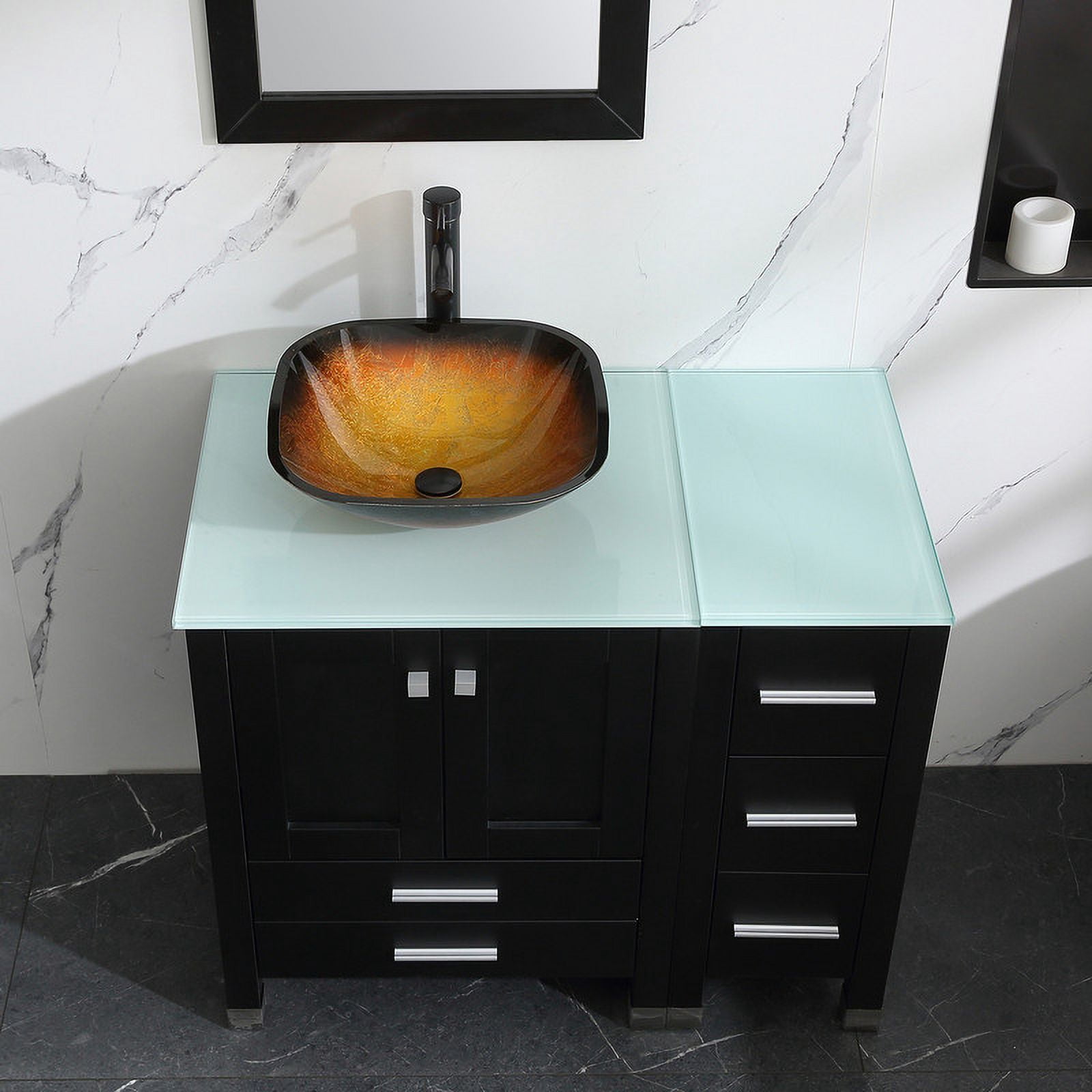 Walsport 36" Luxurious Bathroom Vanity and Sink Combo Cabinet with Golden&Black Glass Vessel Sink and Faucet Pop Up Drain,Black