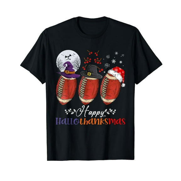 Happy Hallothanksmas Football Halloween Thanksgiving Xmas T-Shirt