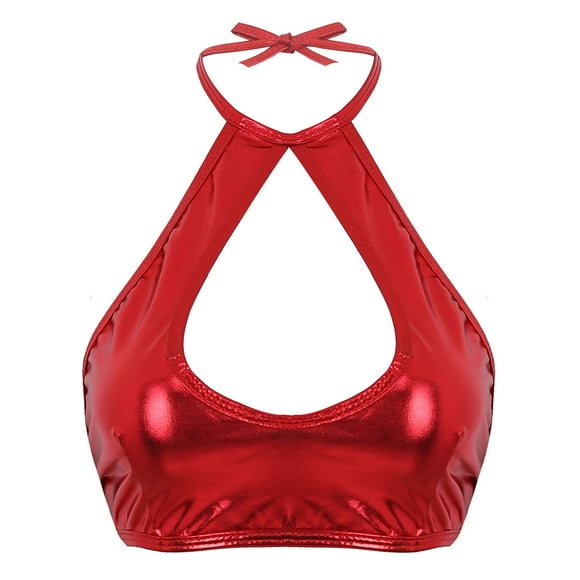 RUNQHUI Women's Shiny Metallic Keyhole Crop Top Halter Backless Rave Bandeau Vest Bra Clubwear Red One Size