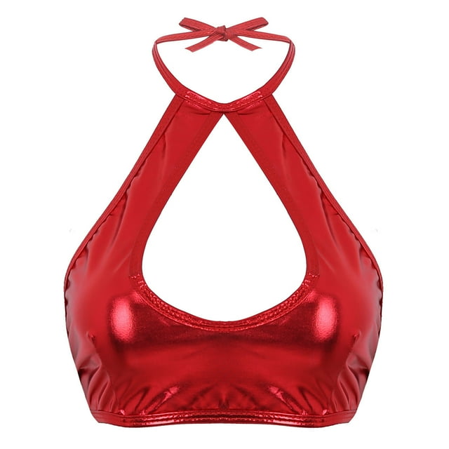 RUNQHUI Women's Shiny Metallic Keyhole Crop Top Halter Backless Rave Bandeau Vest Bra Clubwear Red One Size