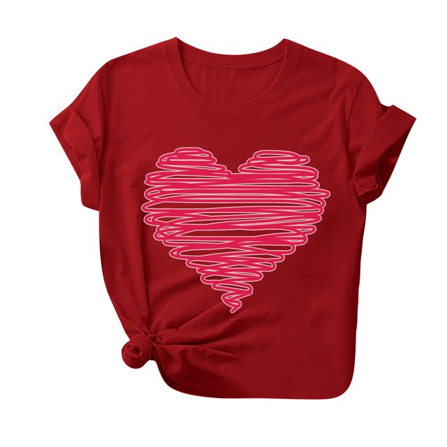 Besolor T-Shirt de la Saint-Valentin pour Femmes, Mode Imprimé Cœur, Manches Courtes, Col Rond