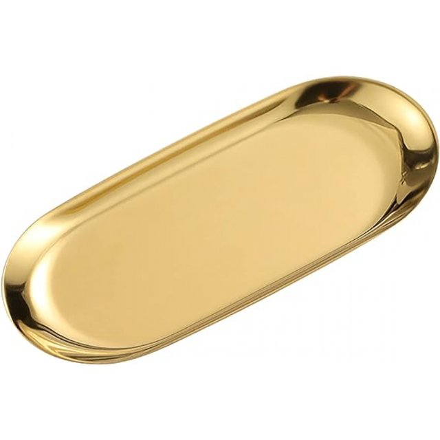 Bandeja dorada para baratijas, bandeja ovalada de acero inoxidable para servir toallas, bandejas de almacenamiento para cosméticos, platos de joyería, bandeja de almacenamiento decorativa (dorado, 1
