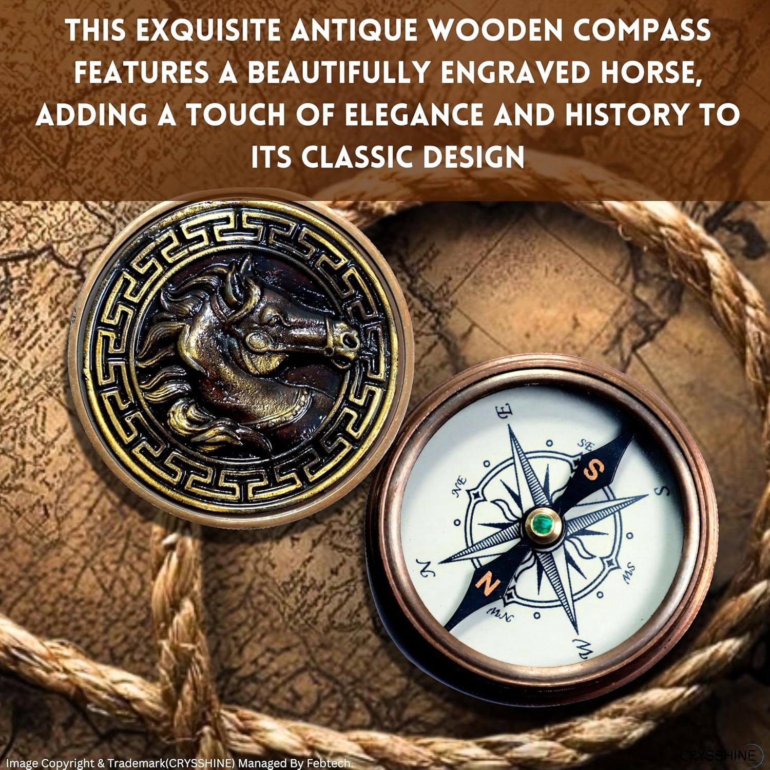 Navy Collection Compass -2 Inches with Wooden Storage Box – Detailed Horse Engraving on Both Compass and Box – Ideal for Collectors and Gifts