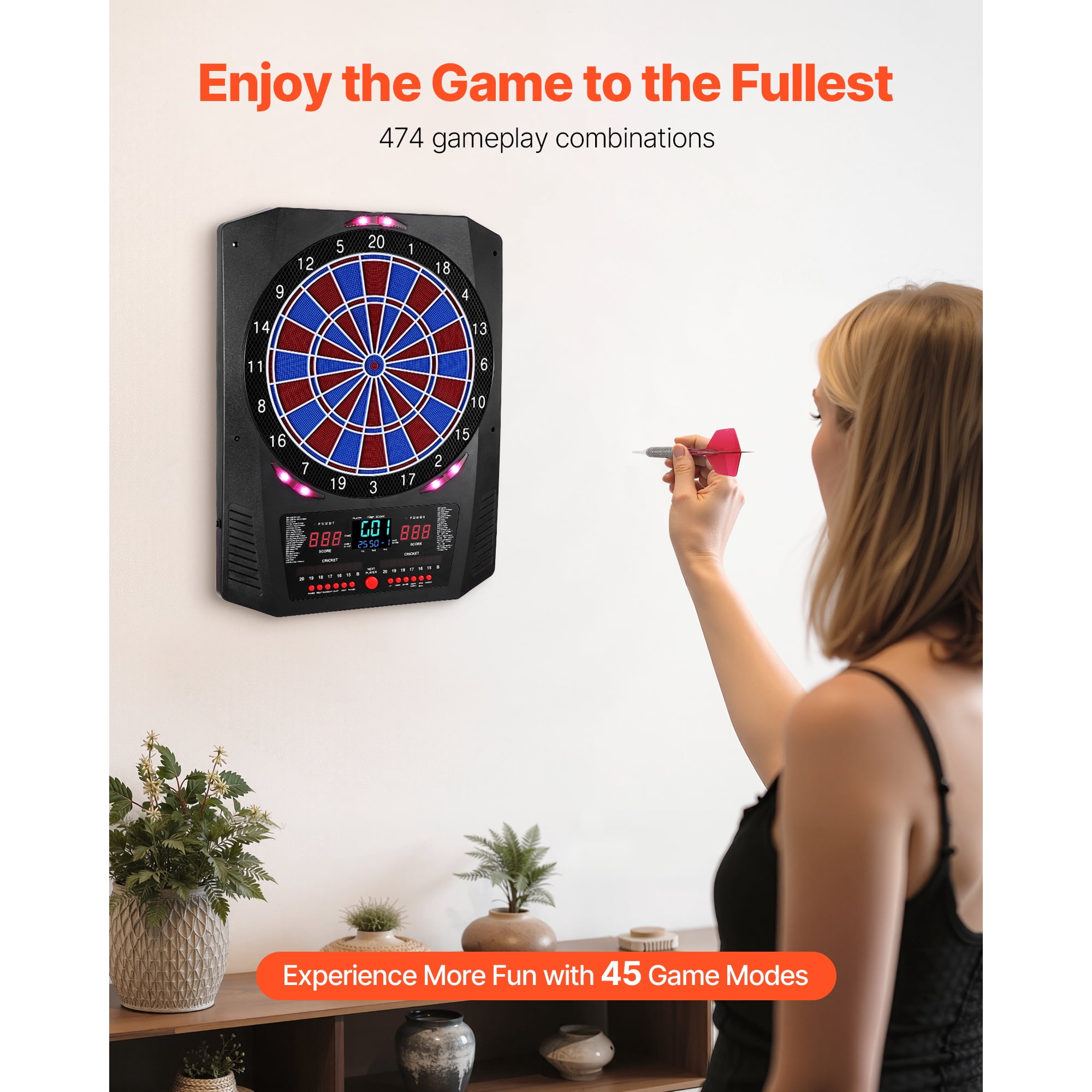 KFFKFF Electronic Dart Board with 13.5" Target, 45 Games & 474 Variations for Up to 8 Players, Includes 6 Dart Shafts, Flights, and 50 Soft Tips, LED Cricket Scoring Display for Home, Party, or Bar