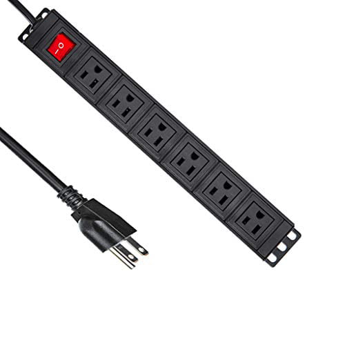 Black XBA Wall Mount Power Strip Surge Protector with 6 Outlets 6 Ft Long Extension Cord Heavy Duty Circuit Breaker PDU Socket for Home,Office,Industrial,Travel,15A 125V 1875W 