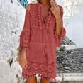 thumbnail image 2 of Lanhui Fashion Women Loose Casual Solid Lace Embroidery  Patchword Dress V-Neck Dress, 2 of 5
