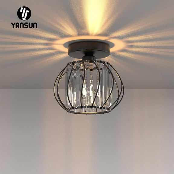 YANSUN 7.09 in 1-Light Modern Black Semi Flush Mount Ceiling Light,Industrial Cage Ceiling Light Fixture for Hallway Porch Kitchen