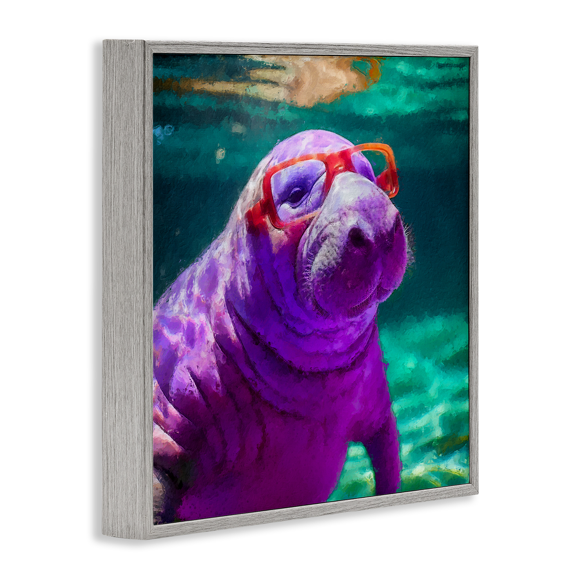 Stupell Industries Manatee with Glasses Animals & Insects Painting Gray Framed Art Print Wall Art, 24 x 24