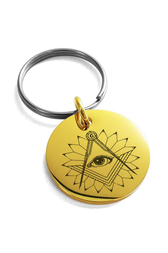 Stainless Steel Freemasons Masonic Lotus All Seeing Eye Engraved Small Medallion Circle Charm Keychain Keyring