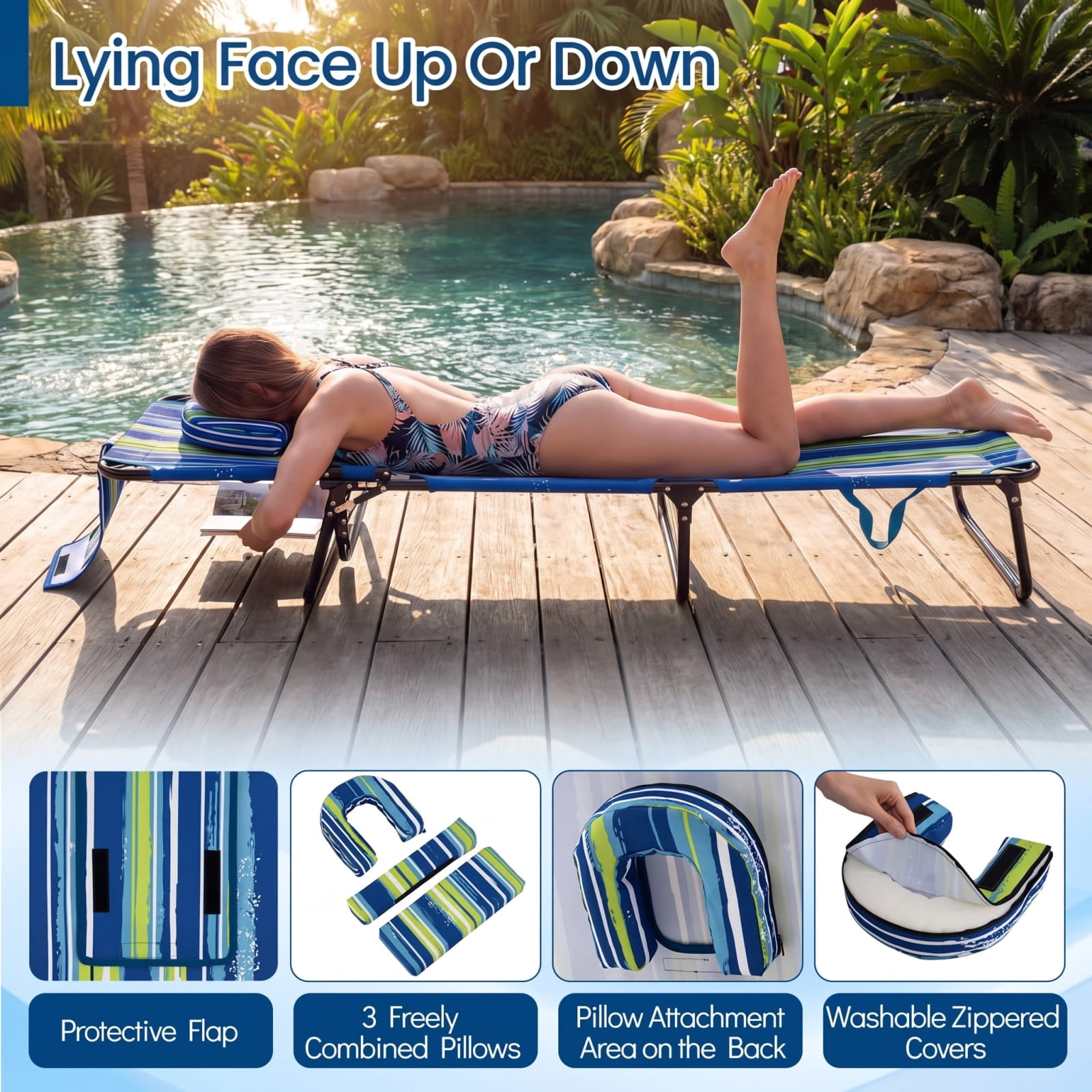 Furnibear Folding Patio Chair Solid Metal for Outdoor Garden Balcony Blue Stripe 330 lbs Capacity Weather-Resistant Outdoor Furniture