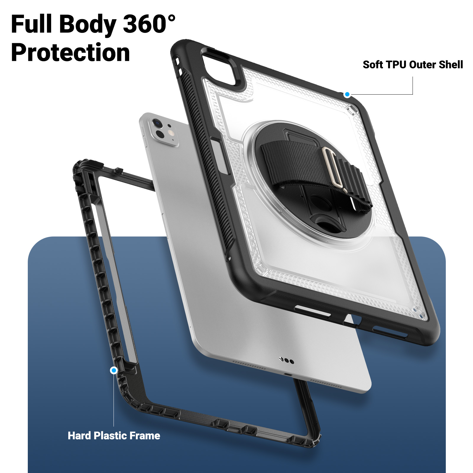 ELEHOLD Case for Apple iPad Pro 11 2024,Soft TPU Rugged Durable Case with 360° Rotating Hand Strap & Foldable Hidden Stand & Pencil Holder,Clear