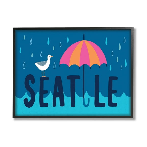 Seattle Raindrops Falling Seagull Animals & Insects Graphic Art Black Framed Art Print Wall Art
