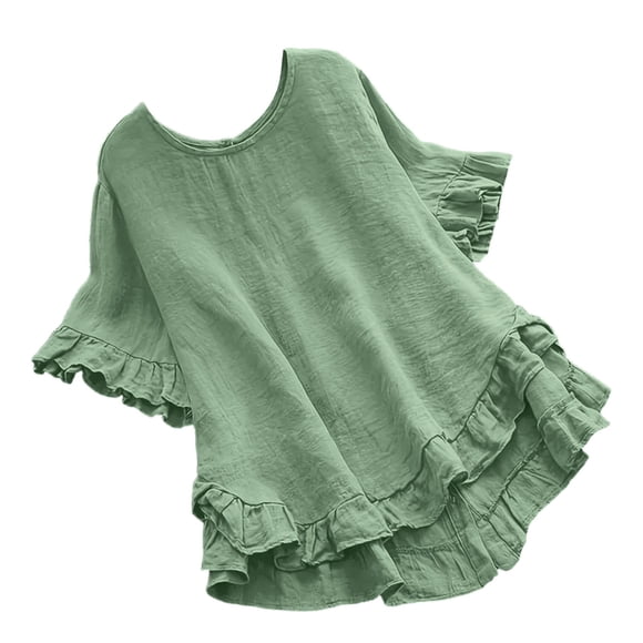GPOECD Womens Blouse Solid Color Round Neck Short Sleeve Button Back Ruffle Trim Casual Summer Dressy Tops for Women Green,XL