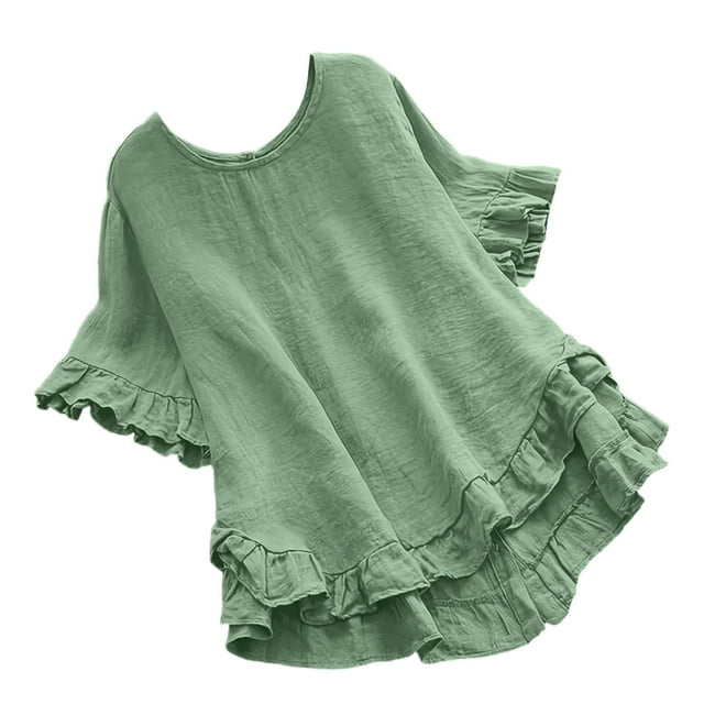Women Spring Summer Clothing Solid Button Back Ruffled Trim Blouse Casual Short Sleeve Blouse