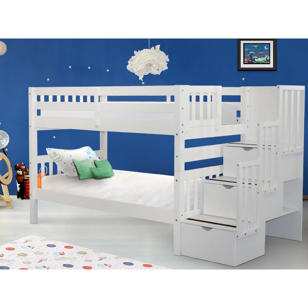 Bedz King Stairway Bunk Beds Twin over Twin with 3 Drawers in the Steps