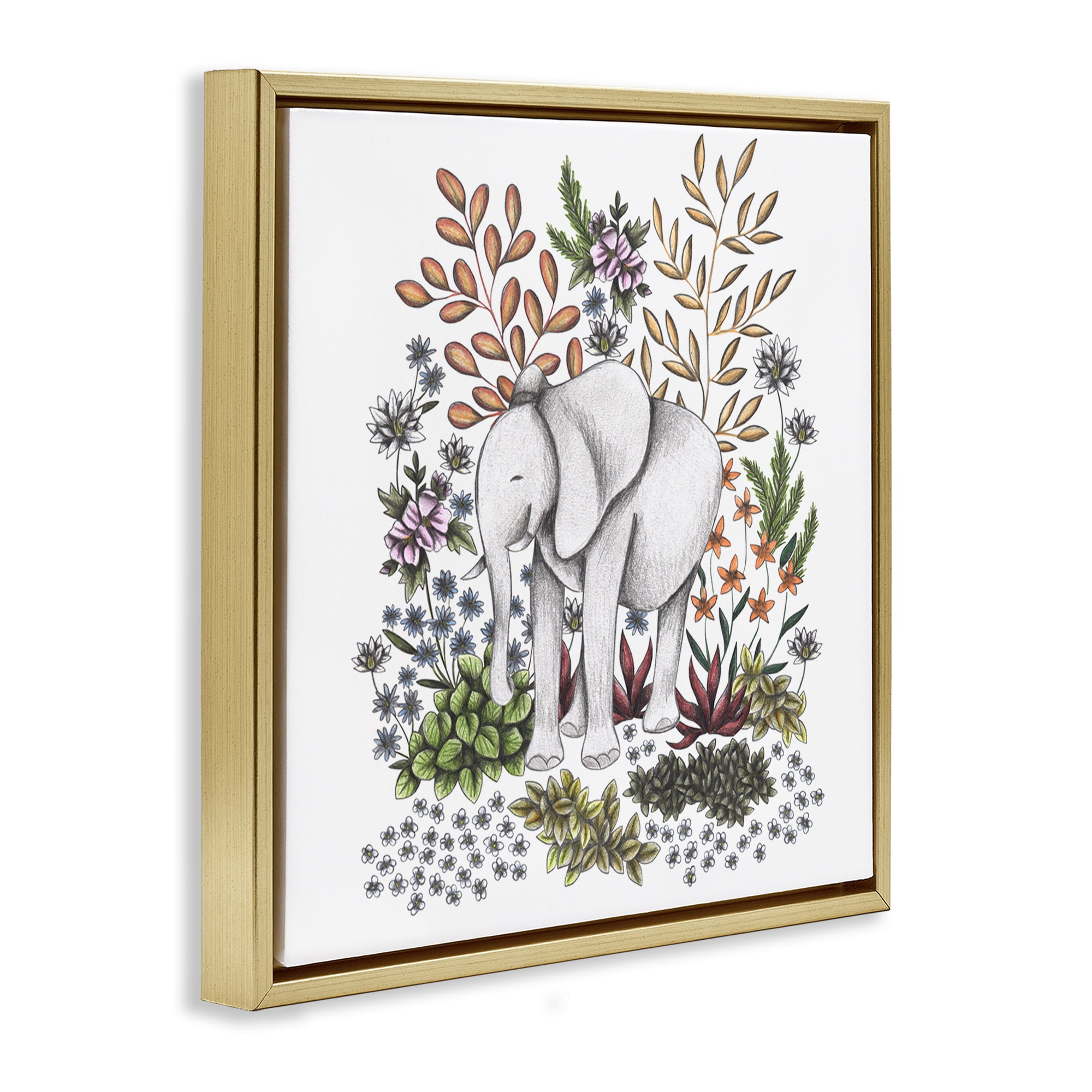 Jungle Wildlife Elephant Gold Framed Floater Canvas Wall Art, design by Cecilia Battaini